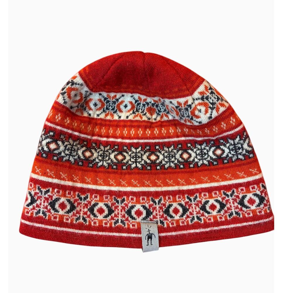 SMARTWOOL Kids 100% Merino Wool Beanie OS One Size Red Orange Fair Isle Vintage